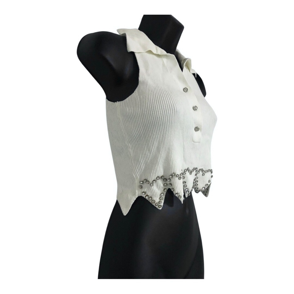 white cz diamond rhinestone heart shape scallop hem crop knit top size Small new - Picture 3 of 11